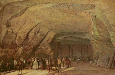 Entré och interiör av en grotta som användes som lager för salt i Dieppedalle, ca 1798