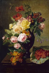 Rosor, vallmo, väggblommor i en vas med hallon (olja på duk)
