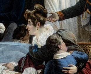 Napoleons död, 5/05/1821 i Saint Helenedetail som representerar Fanny Bertrand, fru till Henri Gatien Bertrand (1773-1844). Litografi av Jean Pierre Marie Jazet (1788-1871) baserad på målningen av Charles Auguste Steuben (1788-1856) Malmaison. Slott