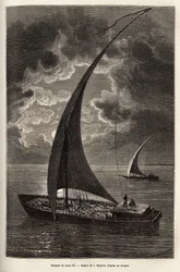 Les barques du haut Nile, reducerad besättning och passagerare som sover på däck, i månsken, gravyr efter J. Moynets teckning, som illustrerar resan till Afrikas hjärta 1868-1871, av Dr. Georges Schweinfurth, publicerad i "" Le tour du monde”” 1874, utg