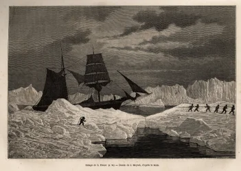 Transporten av det tyska fartyget La Hansa, av dess besättning, för att korsa en isbarriär till farbara vatten, graverad efter J.Moynets teckning, som illustrerar fartygens La Germania och La Hansas resa till Nordpolen 1869-1870, av Kapten Hegemann, utg