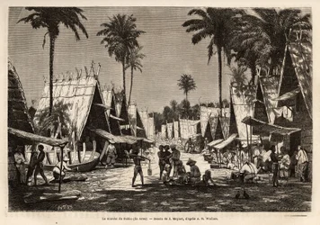 Marsch av Dobbo, på Arou Island, ett hamncentrum, animerat av många köpmän och skeppsbyggen, graverad efter teckningen av J. Moynet, som illustrerar resan till den malaysiska skärgården 1854-1862, av Alfred Russell Wallace (1823-1913) ), en brittisk