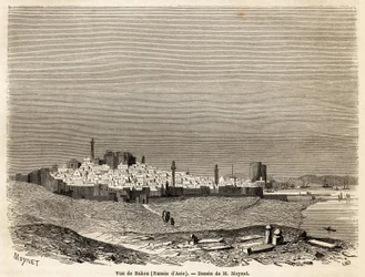Vy över Baku (Ryssland, Azerbajdzjan), teckning av Mr. Moynet, för att illustrera resan till Kaspiska havets kust, i oktober 1858, av Mr. Moynet. Gravyr i "" Le tour du monde, nouveau journal des voyages"" Paris