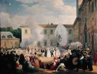 Francois Rene (1768-1848) Vicomte de Chateaubriand, tar emot storhertiginnan Elena av Ryssland (1807-73) i trädgårdarna i Villa Medici, 29 april 1829, 1830