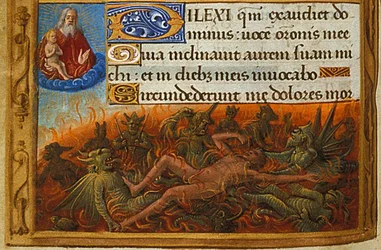 Timmebok, detalj: Dyk plågade av demoner och bevakad av Lazarus själ, ca. 1500