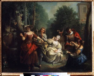 De fem sinnena: ""Le gikt"" (Smaken) unga människor i aristokratin smakar frukt. Målning av Jean Raoux (1677-1734) 1725-1735 Pushkin-museet, Moskva