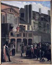 La Parade de Bobèche et Galimafre, målning av Jean Roller, som representerar en folkmassa som tittar på en gatushow. Oljemålning från 1800-talet.