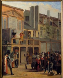 Street Theatre: "" Paraden av Bobeche och Galimafre på Boulevard du Temple framför Theatre des delassements comiques"" Målning av Jean Roller (1798-1866) 1820 Sön. 1,01x0,83 m Paris, Carnavalet Museum