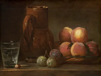 Frukt, kanna och ett glas