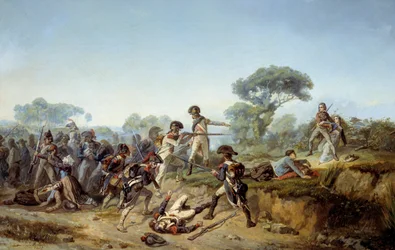 Vendekrig riddaren Charles de bois-hardy (trähärdig, boishardy) vill rädda sin älskarinna (1795). Målning av Jean Soreuil (1824-1871)