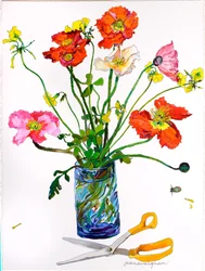 Poppies, Blue Vase  Scissors (akvarell och bläck på papper)
