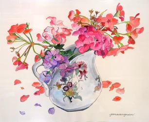 Vårblommor i Limoges Du Barry Creamer (akvarell och bläck på papper)