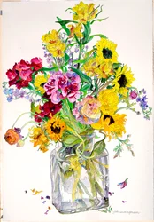 Solrosor, Godetia, Alstroemeria, Ranunkel