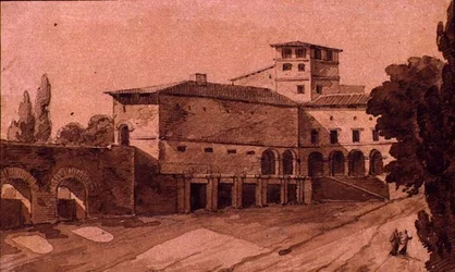 Utsikt över en italiensk stad (penna med sepia bläck och tvätt på papper)