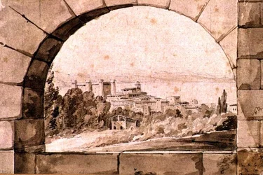 Utsikt över staden och sjön Bracciano, ca 1810 (penna & sepia bläck med sepia tvätt på papper)