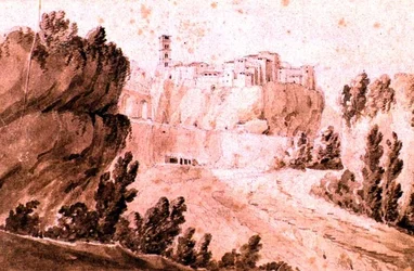 Utsikt över staden Bracciano, ca 1810 (penna & sepia bläck och tvätt på papper)