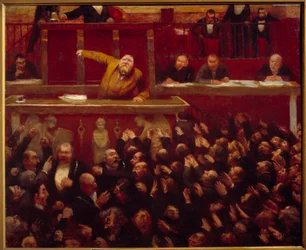 Den socialistiske deputerade Jean Jaurès (1859-1914) i talarstolen i deputeradekammaren. Målning av Jean Veber (1868-1928), 1903. Paris, Musée Carnavalet