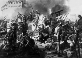 Greve Eudes (Odon) (860 - 898) försvarar Paris mot normanderna 886, målning av Jean Victor Schnetz (1787-1870)