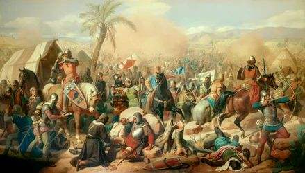 Första korståget: ”Slaget vid Askalon, 12/08/1099, Godefroy av Bouillons (1061-1100) seger över visiren Afdal”. Målning av Victor Schnetz (1787-1870), 1843. Duk. 3,15 x 5,56 m. Versailles, Slottsmuseet