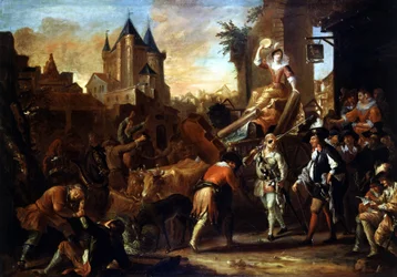 Komikernas ankomst till Le Mans målning som illustrerar ""The Comic Roman"" av Paul Scarron (1610-1660). Målning av Jean-Baptiste (Jean Baptiste) Coulom (eller Coulon) (ca 1695-1735)