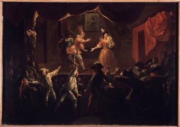 Beklagliga framgångar för detta stycke. En av palmspelare vars kläder hade varit derobe, ger ett stort racket till La Rapiniere. Målning som illustrerar "The Comic Roman" av Paul Scarron (1610-1660). Olja på duk av Jean-Baptiste (Jean Baptiste) Coulom (ell