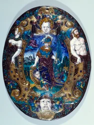 Målad emaljbricka som representerar Minerve på landskapsbakgrund skapad av Jean Court dit Vigier (1500-talet) (enamailleur på LIMOGES) Paris, Louvren