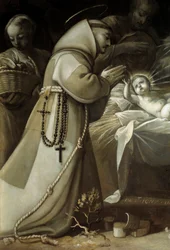Tillbedjan av herdarna En munk som ber inför Jesusbarnet. Målning av Jean de Saint Igny