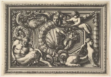 Design för en panel med två varianter innehållande en Satyr och en Sphynx, från: Pannea..., 1600-talet.