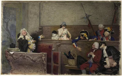 Rättegång med Pierrot (akvarell och gouache, över grafit, på krämskiva)