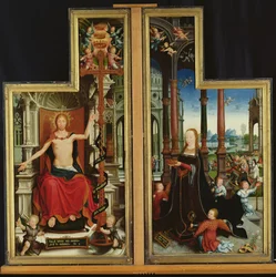 Polyptyk om förhärligandet av den heliga treenigheten, paneler föreställande Kristus på tronen och jungfrun, 1509-15
