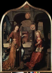 ""representation av tillkännagivandet med skyddshelgonet Guillaume av Bryssel"" Central panel i triptyken av tillkännagivandet (Bekännelsen). Målning på trä av Jean Bellegambe den äldre (1470-1534) Sankt Petersburg, Eremitaget