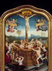 Det mystiska badet. Vid foten av det kors som Kristus korsfästes på badar män och kvinnor i en källa av blod från Messias kropp. Centrala delen av triptyken. Målning på trä av Jean Bellegambe den äldre (1470-1535) 1510-1520 Sön. 0,81x0