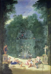The Groves of Versailles: Utsikt över ingången till labyrinten med fåglar, nymfer och keruber, 1688