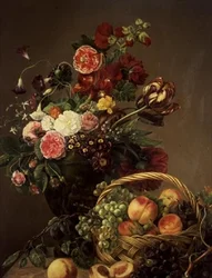 Stilleben med blommor och frukter i en korg