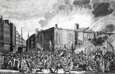 En exakt representation av upprorsmakarnas brännande, plundrande och förstörelse av Newgate den minnesvärda 7 juni 1780, graverad av Henry Roberts, 1781