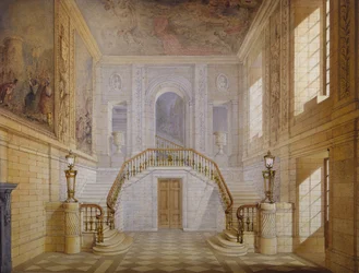 Design för en trappa i Painted Hall, Chatsworth (akvarell på papper)