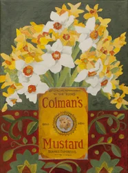 Vit och gul narcissi i Colmans senapsburk (akryl)