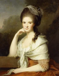 Porträtt av en dam, sittande halvlångt, iklädd en brun klänning och en vit sjal, 1778