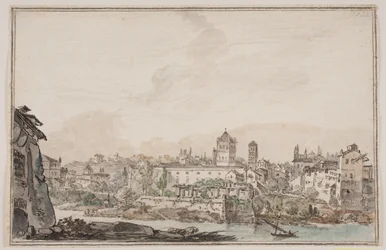 Stadsprospekt med hus och kyrka vid floden. Antika Rom