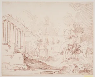 Italienskt prospekt med tempel och kyrka