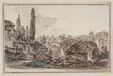 Prospekt med höga träd, byggnader och ruiner