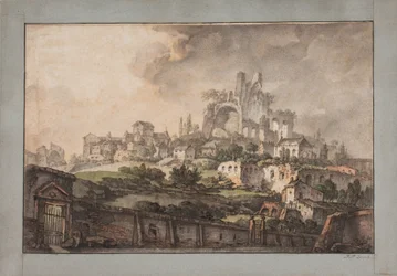 Romersk prospekt med mur i förgrunden, kyrka och ruin i bakgrunden