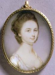 Porträttminiat av en dam i vit klänning, ca 1780-85 (akvarell på elfenben)