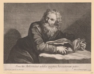 H. Antonius met een boek Sankt Antonius ädlingen av Egypten, eremiternas fader (titel på objektet)