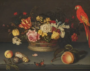 Stilleben med blomkorg och papegoja