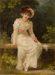 Lady sitter i en trädgård
