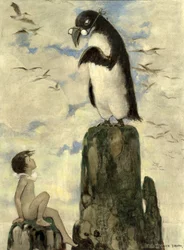 Och där såg han den sista av gairfowl, från The Water Babies av Charles Kingsley, pub. 1916 (lito i färg)