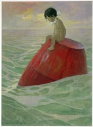Tom satt på bojen långa dagar, från The Water Babies av Charles Kingsley, pub. 1916 (lito i färg)