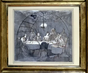 Fête des Cabanes på restaurang Kasher av familjen Moses Ulmann. Ritning på papper, penntvätt 1831 35,5 x 31,3 cm. (JM 189) Judiska museet Basel, Schweiz.