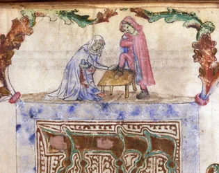 Judendom: Hebreisk rit för fottvätt (tvätt) av resenären. Miniatyr från ett hebreiskt manuskript från 1300-talet. Biblioteca Palatina, Parma